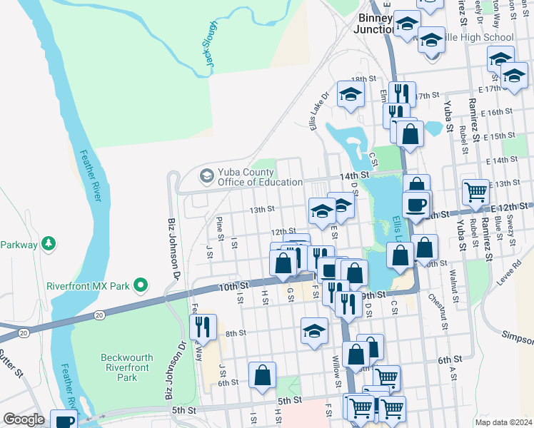 map of restaurants, bars, coffee shops, grocery stores, and more near 720 13th Street in Marysville