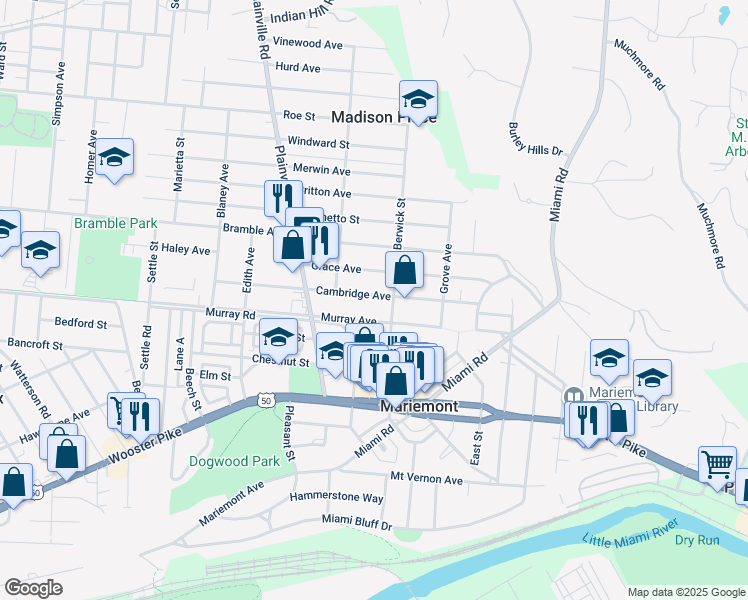 map of restaurants, bars, coffee shops, grocery stores, and more near 6927 Cambridge Avenue in Cincinnati