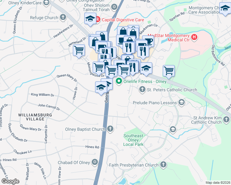 map of restaurants, bars, coffee shops, grocery stores, and more near 17801 Georgia Avenue in Olney