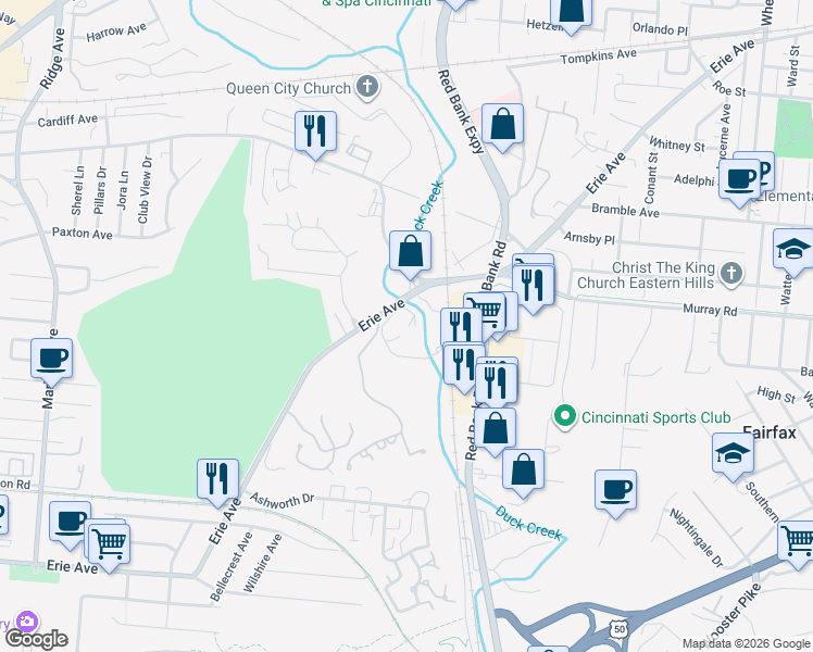 map of restaurants, bars, coffee shops, grocery stores, and more near 3939 Erie Avenue in Cincinnati