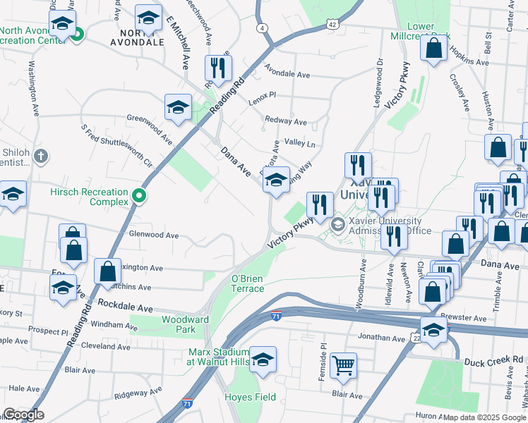 map of restaurants, bars, coffee shops, grocery stores, and more near 1027 Dana Avenue in Cincinnati
