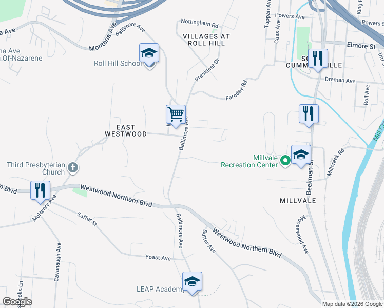 map of restaurants, bars, coffee shops, grocery stores, and more near 2150 Weron Lane in Cincinnati