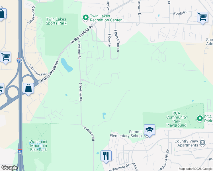 map of restaurants, bars, coffee shops, grocery stores, and more near 2001-2099 W Arbor Ridge Way in Bloomington