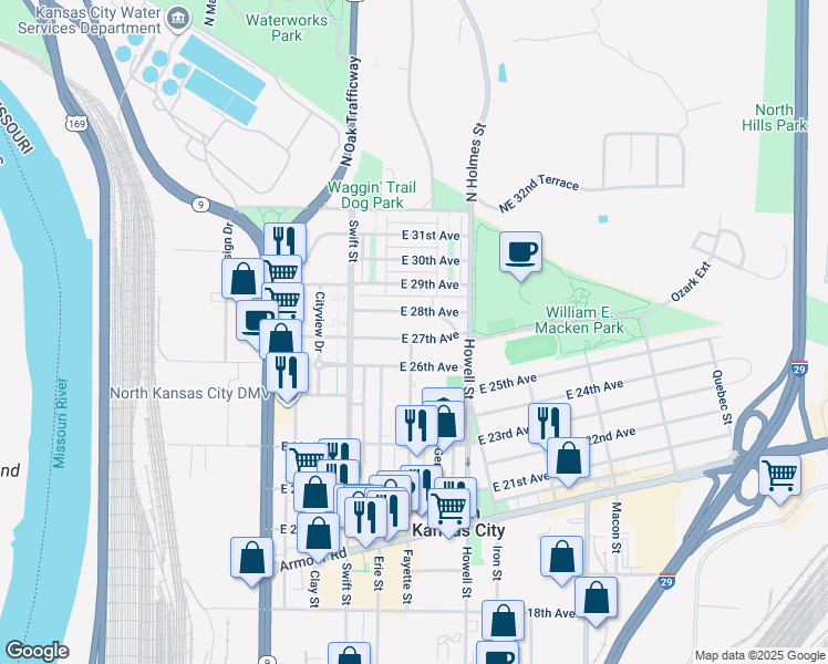 map of restaurants, bars, coffee shops, grocery stores, and more near 336 East 27th Avenue in North Kansas City