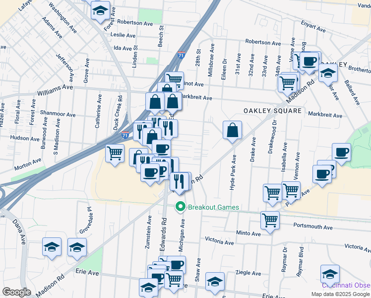map of restaurants, bars, coffee shops, grocery stores, and more near 2731 Edroy Court in Cincinnati