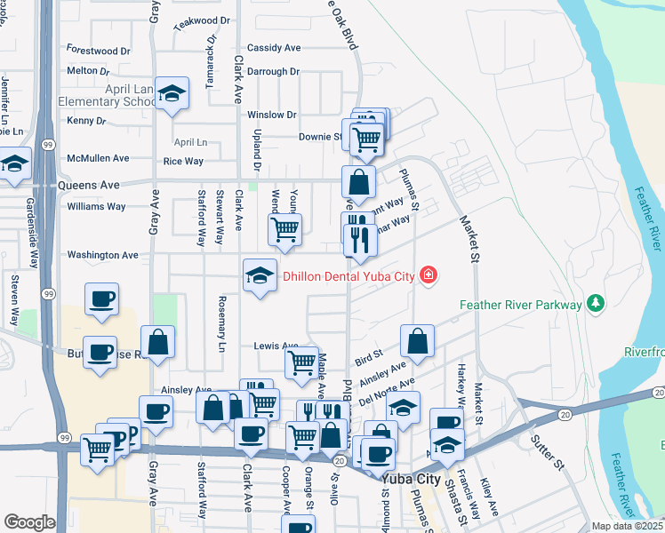 map of restaurants, bars, coffee shops, grocery stores, and more near 519 King Avenue in Yuba City