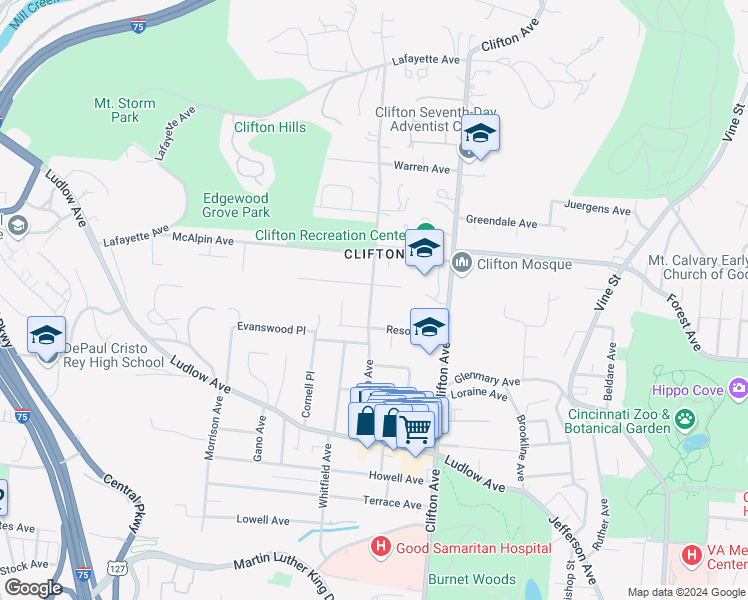 map of restaurants, bars, coffee shops, grocery stores, and more near 3624 Middleton Avenue in Cincinnati