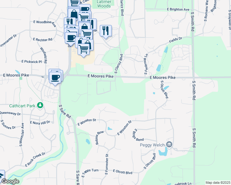 map of restaurants, bars, coffee shops, grocery stores, and more near 1547 Arbors Lane in Bloomington