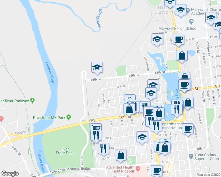 map of restaurants, bars, coffee shops, grocery stores, and more near 826 13th Street in Marysville