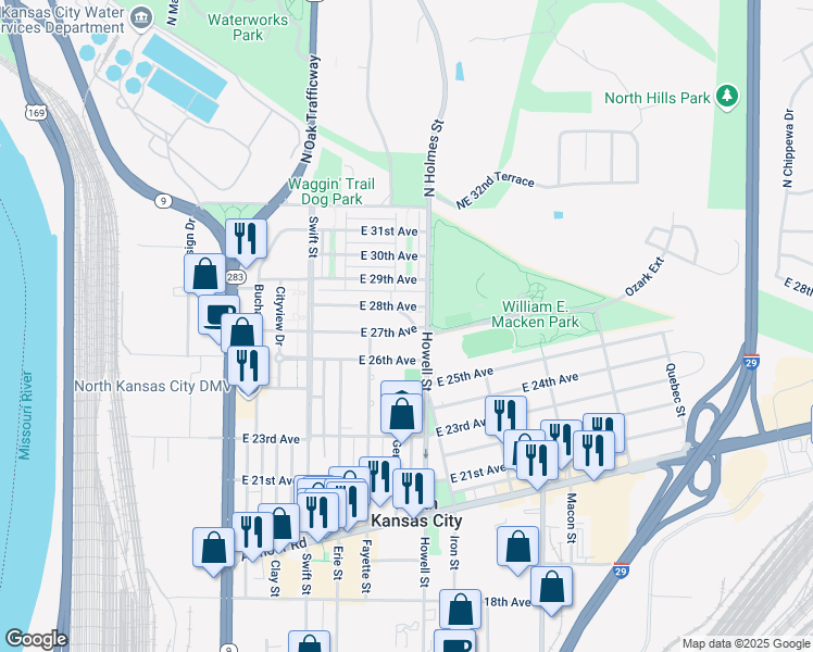 map of restaurants, bars, coffee shops, grocery stores, and more near 2702 Howell Terrace in North Kansas City