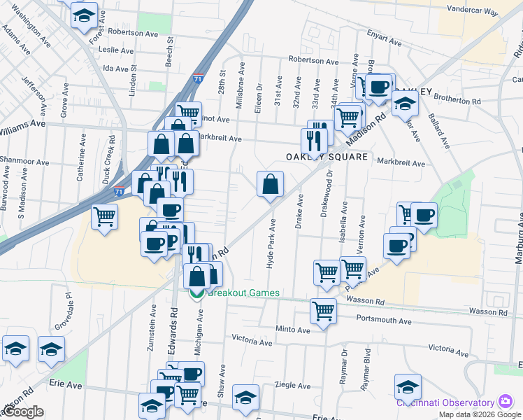 map of restaurants, bars, coffee shops, grocery stores, and more near 2860 Madison Road in Cincinnati