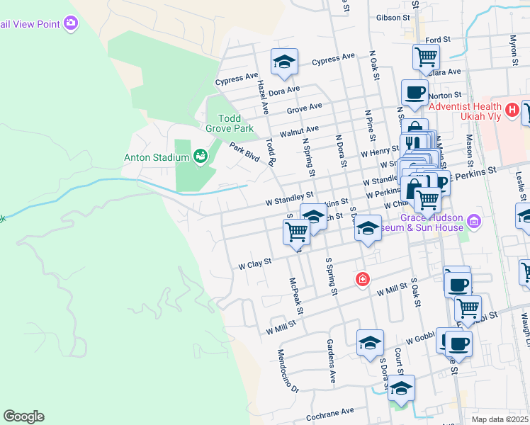 map of restaurants, bars, coffee shops, grocery stores, and more near 1024 West Perkins Street in Ukiah