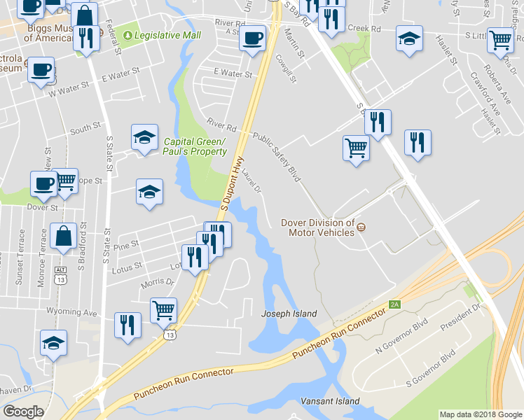 map of restaurants, bars, coffee shops, grocery stores, and more near 50 Laurel Drive in Dover