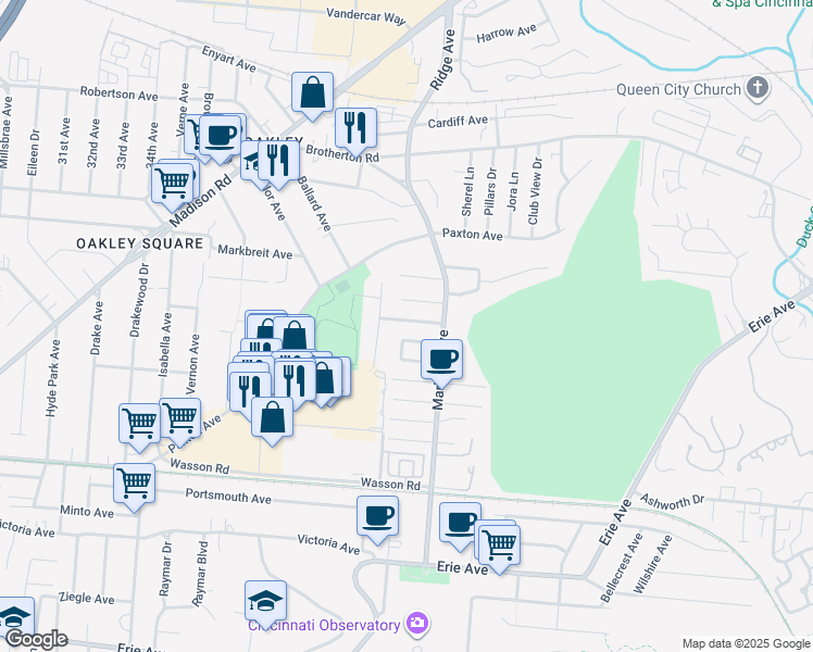 map of restaurants, bars, coffee shops, grocery stores, and more near 3315 Claramont Avenue in Cincinnati