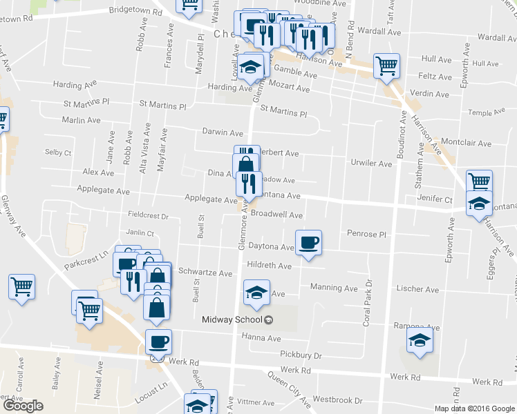 map of restaurants, bars, coffee shops, grocery stores, and more near 3306 Broadwell Avenue in Cincinnati