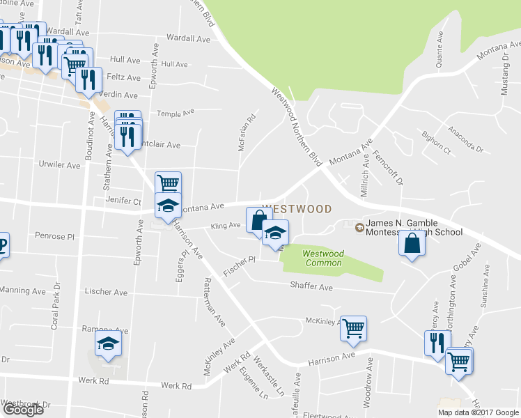 map of restaurants, bars, coffee shops, grocery stores, and more near 3375 Wunder Ave in Cincinnati