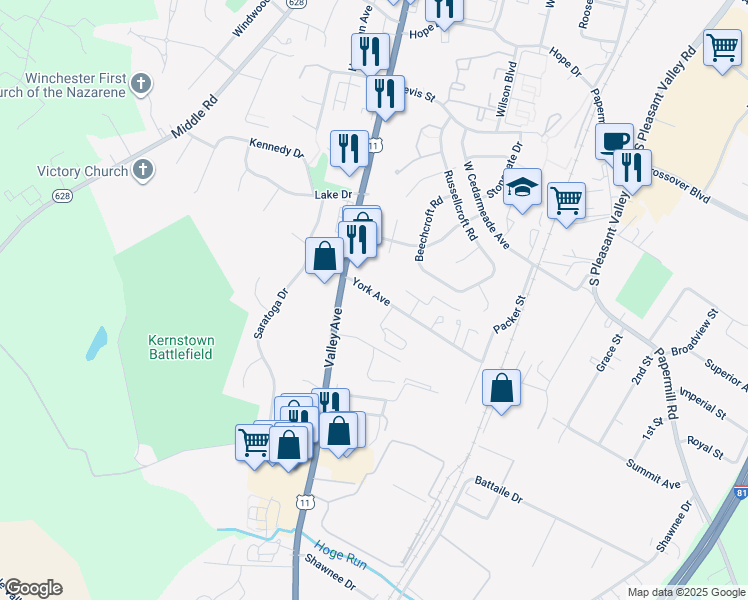 map of restaurants, bars, coffee shops, grocery stores, and more near 567 York Avenue in Winchester