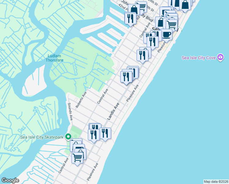 map of restaurants, bars, coffee shops, grocery stores, and more near 126 52nd Street in Sea Isle City