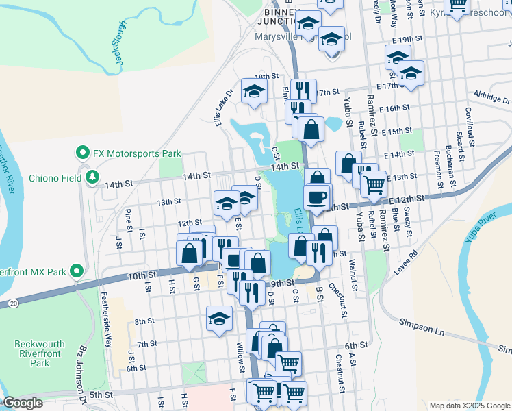 map of restaurants, bars, coffee shops, grocery stores, and more near 1216 D Street in Marysville