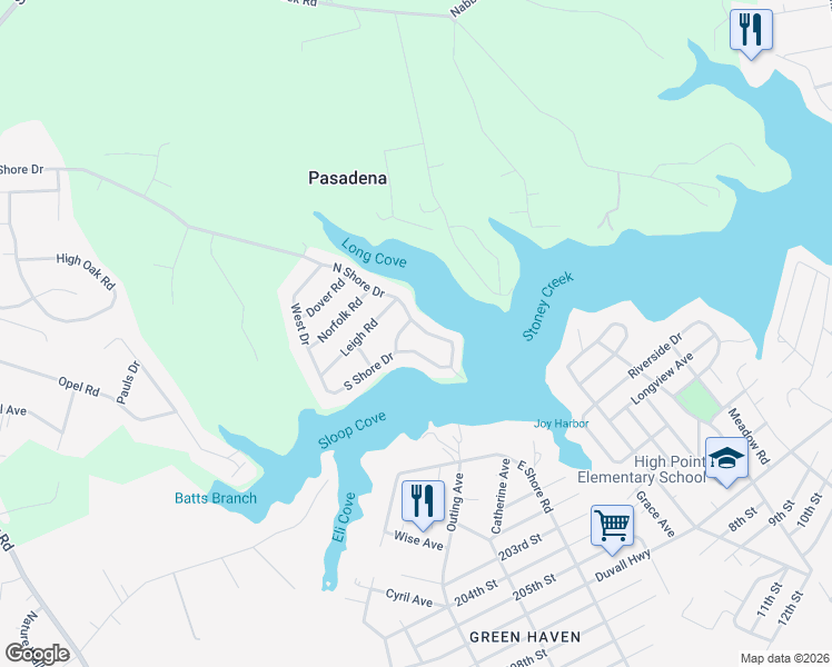 map of restaurants, bars, coffee shops, grocery stores, and more near 851 North Shore Drive in Glen Burnie