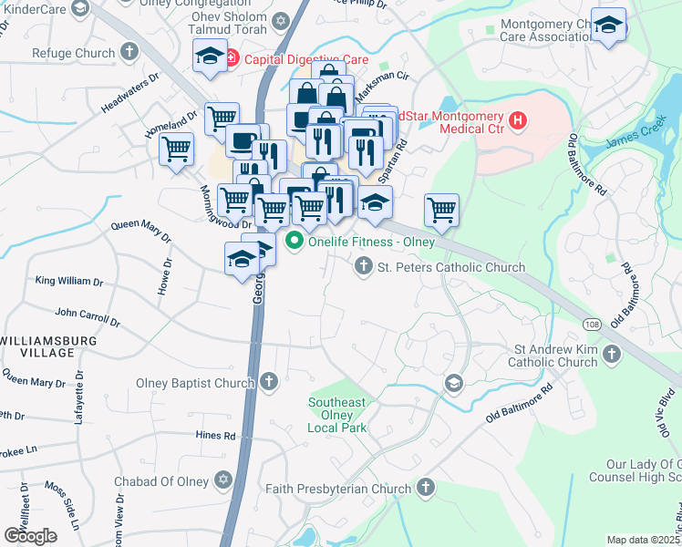 map of restaurants, bars, coffee shops, grocery stores, and more near 17801 Buehler Road in Olney