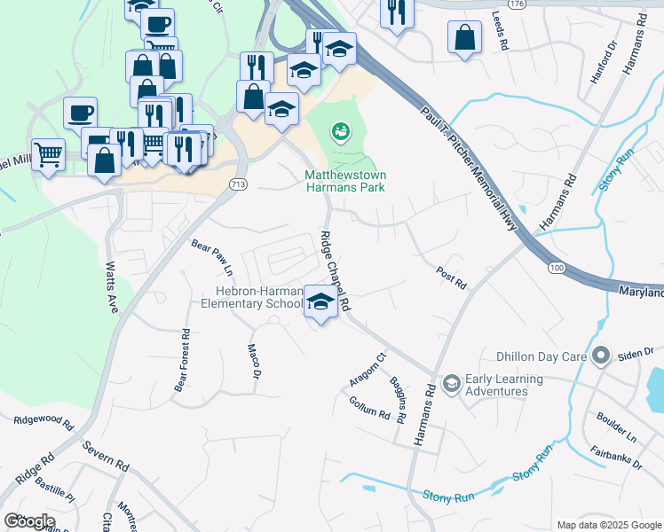map of restaurants, bars, coffee shops, grocery stores, and more near Ridge Chapel Road in Hanover