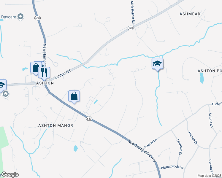 map of restaurants, bars, coffee shops, grocery stores, and more near 17724 Tree Lawn Drive in Ashton-Sandy Spring