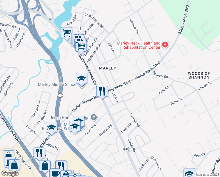 map of restaurants, bars, coffee shops, grocery stores, and more near 108 1st Avenue in Glen Burnie