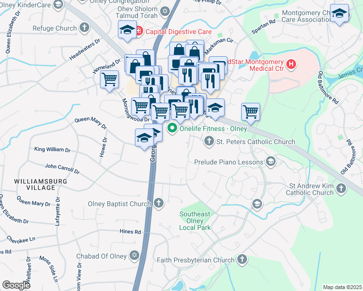 map of restaurants, bars, coffee shops, grocery stores, and more near 17800 Buehler Road in Olney