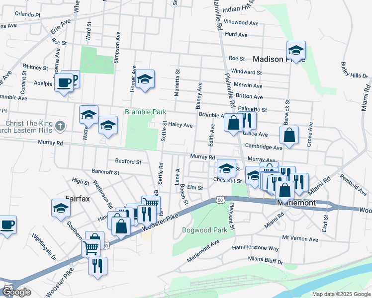 map of restaurants, bars, coffee shops, grocery stores, and more near 6600 Murray Avenue in Cincinnati