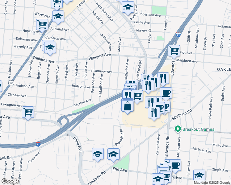 map of restaurants, bars, coffee shops, grocery stores, and more near 2464 Duck Creek Road in Cincinnati