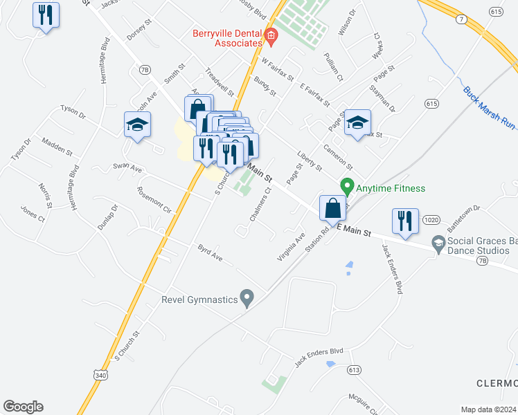 map of restaurants, bars, coffee shops, grocery stores, and more near 115 Chalmers Court in Berryville