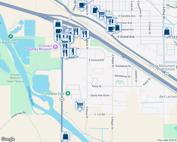 map of restaurants, bars, coffee shops, grocery stores, and more near 98 Bonnie Vista Drive in Fruita