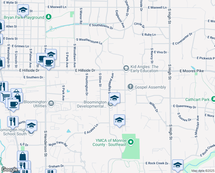 map of restaurants, bars, coffee shops, grocery stores, and more near 1217 East Thornton Drive in Bloomington