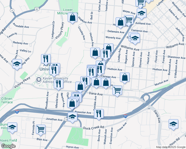 map of restaurants, bars, coffee shops, grocery stores, and more near 1778 Cleneay Avenue in Cincinnati
