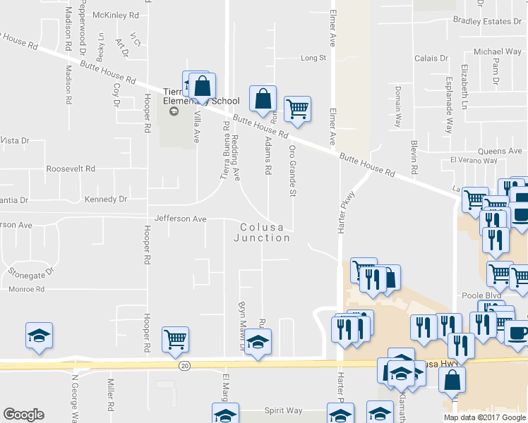 map of restaurants, bars, coffee shops, grocery stores, and more near 1516 Adams Road in Yuba City