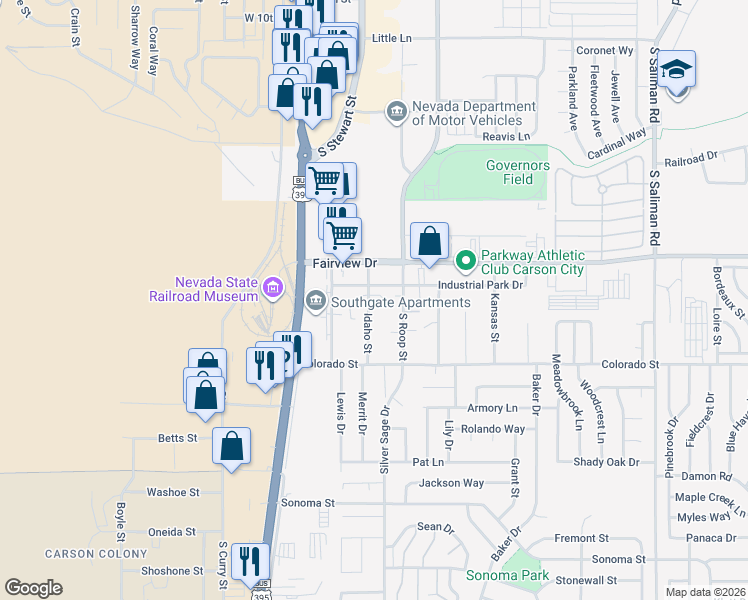 map of restaurants, bars, coffee shops, grocery stores, and more near 2061 West Sheffield Manor in Carson City