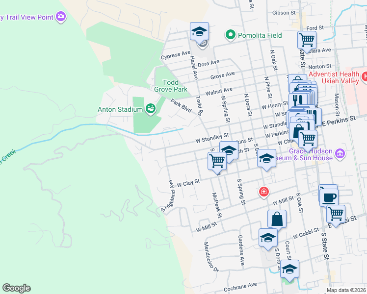 map of restaurants, bars, coffee shops, grocery stores, and more near 1124 West Perkins Street in Ukiah