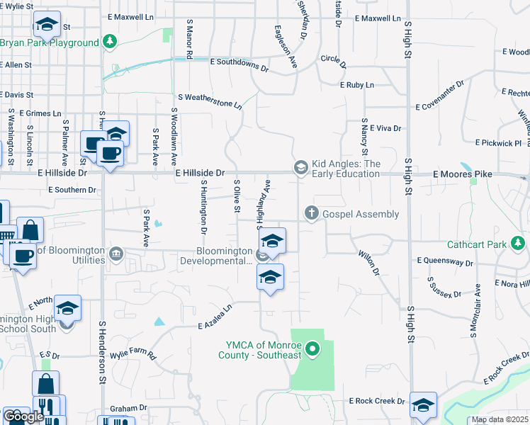 map of restaurants, bars, coffee shops, grocery stores, and more near 1217 East Thornton Drive in Bloomington