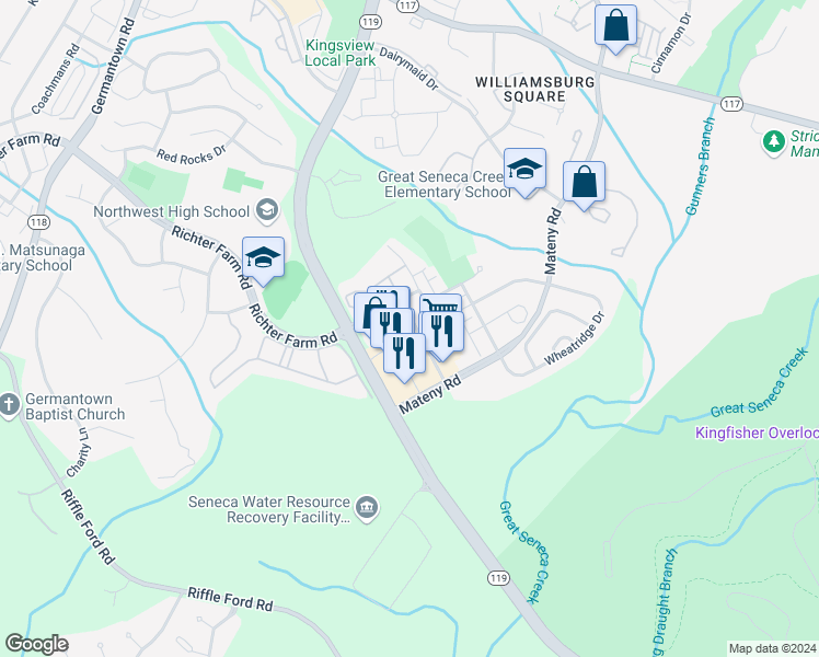 map of restaurants, bars, coffee shops, grocery stores, and more near 18001 Cloppers Mill Terrace in Germantown