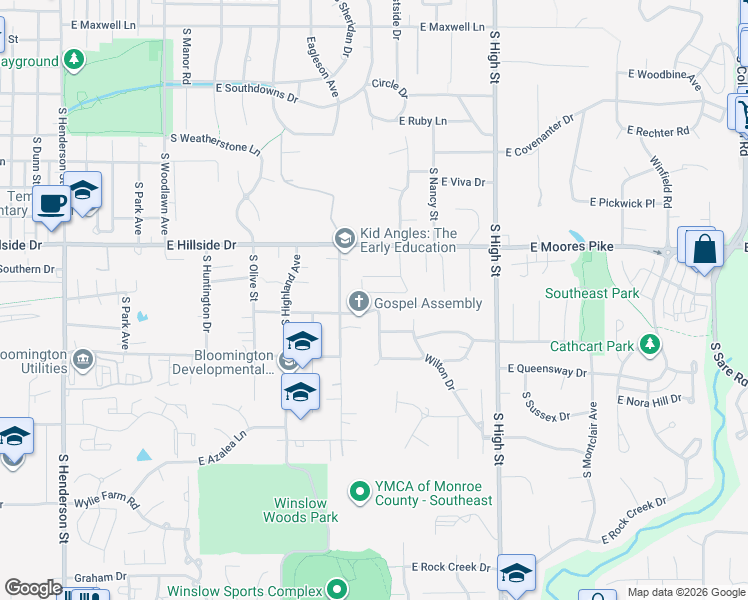 map of restaurants, bars, coffee shops, grocery stores, and more near 1625 East Thornton Drive in Bloomington