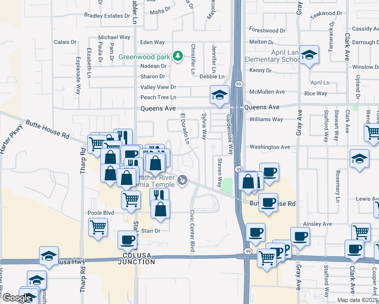 map of restaurants, bars, coffee shops, grocery stores, and more near 1390 Dustin Drive in Yuba City