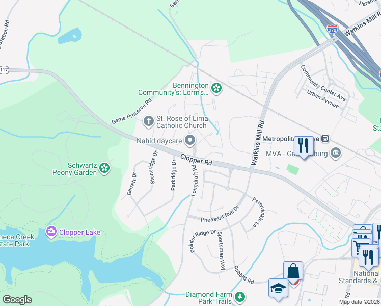 map of restaurants, bars, coffee shops, grocery stores, and more near 100 Longdraft Road in Gaithersburg