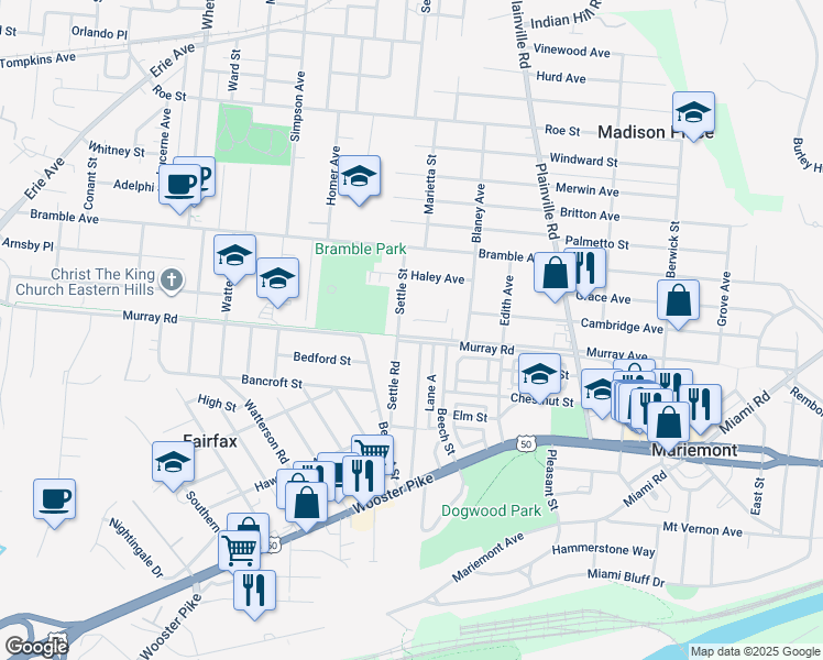 map of restaurants, bars, coffee shops, grocery stores, and more near 6510 Murray Road in Cincinnati