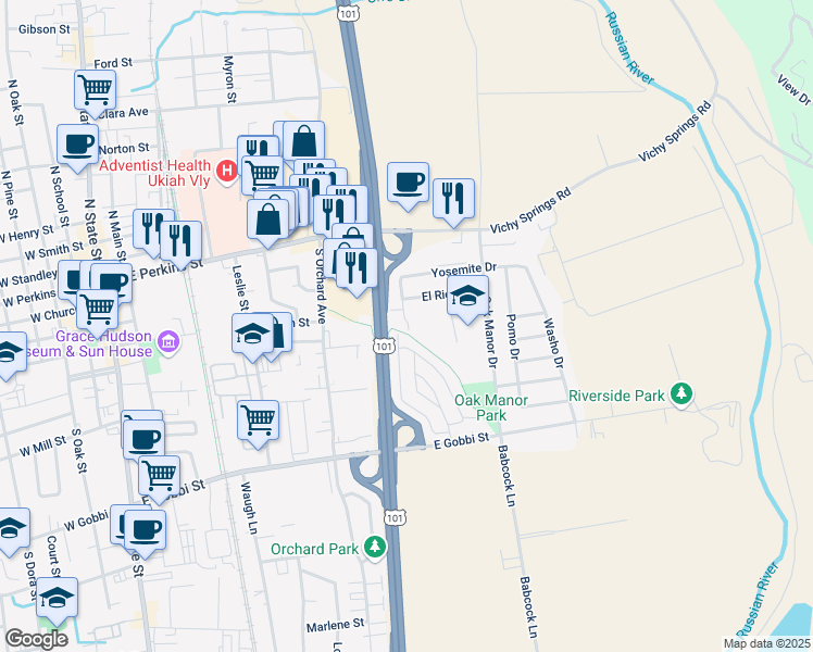 map of restaurants, bars, coffee shops, grocery stores, and more near 395 El Rio Court in Ukiah