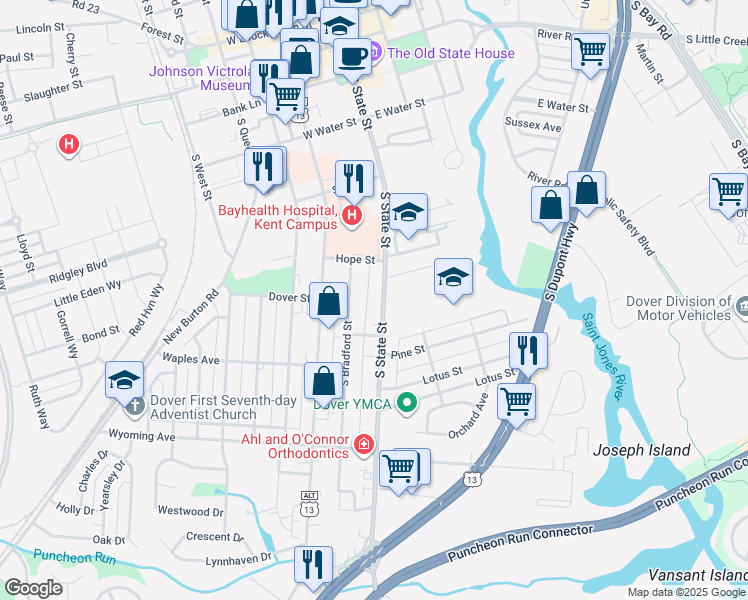 map of restaurants, bars, coffee shops, grocery stores, and more near 901 South Bradford Street in Dover