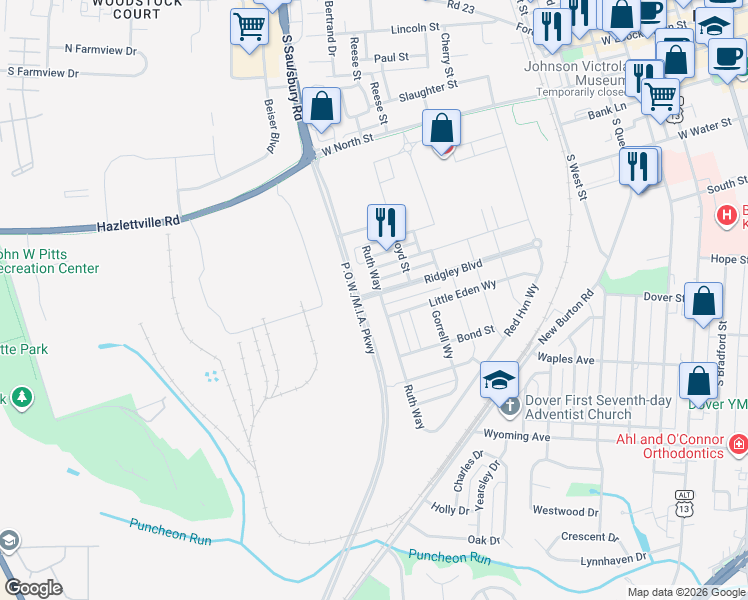 map of restaurants, bars, coffee shops, grocery stores, and more near 525 Little Eden Way in Dover