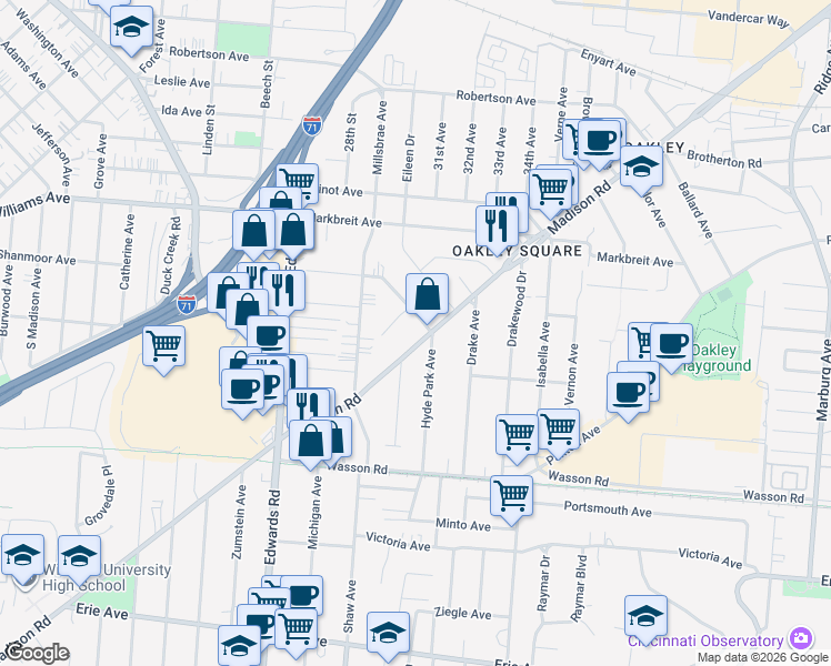map of restaurants, bars, coffee shops, grocery stores, and more near 2860 Madison Road in Cincinnati