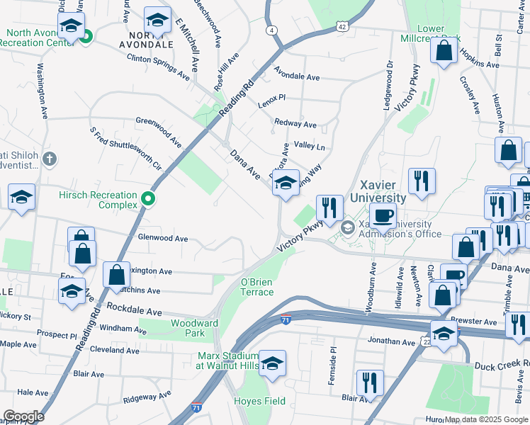 map of restaurants, bars, coffee shops, grocery stores, and more near 1029 Burton Avenue in Cincinnati