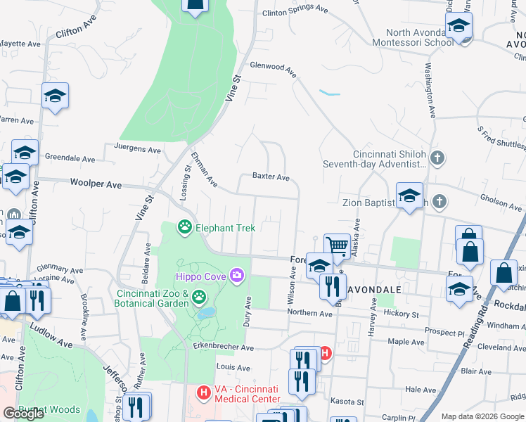 map of restaurants, bars, coffee shops, grocery stores, and more near 3587 Eden Avenue in Cincinnati